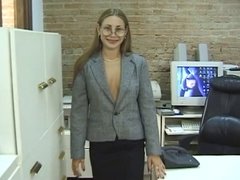 Hot blonde with glasses shows off her perfect pussy and ass, plays with vibrator