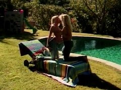 Stunning blonde chicks lick twat and use toys poolside