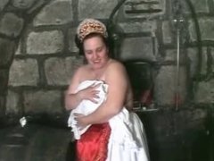 Milkmaid with huge boobs and plump hairy pussy