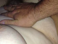 rubbing her tit, soft belly & hairy pussy.