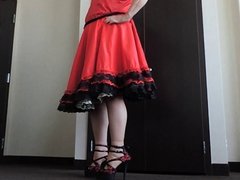 Sissy Ray in Red Taffeta Dress in hotel room
