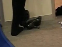 Candid Feet Shoeplay in Black Tights at Airport