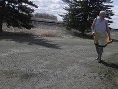 Sissy Ray in Gold Dress Outdoors in Roadside Rest Area