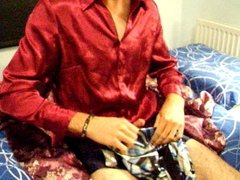 Cumming over red satin blouse in blue disco shorts