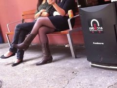Crossed Legs In Pantyhose And Cowboy Boots Smoking