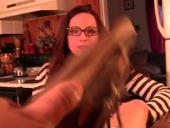 Penny nerdy Sperry fondling on table, sock removal bare PREV