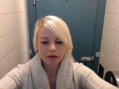 Hot English blonde fingers her pussy in public toilet