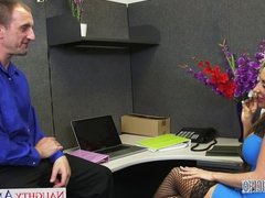 Brown haired Richelle Ryan gets facialized in the office