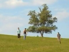 Three Boys Bareback On Meadow   