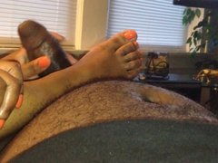 Orange nails footjob handjob
