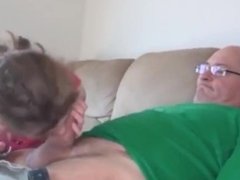 Lucky old man with unreal big cock fucks hard ugly looking teen with hairy pussy
