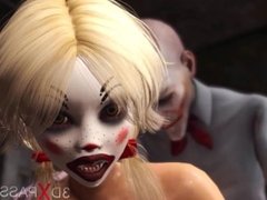 Joker bangs rough a cute sexy blonde in a clown mask in the abandoned room