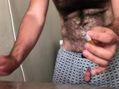 Very hairy solo man cum on kitchen table while smoking and tea