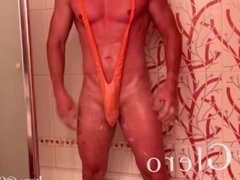 Shower in sexy mankini thong spandex masturbation