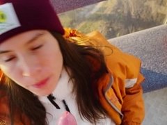 POV. Naughty stranger seduced me with public blowjob in mountain cableway and begged to cum in mouth