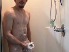 Big white dick stroked in shower