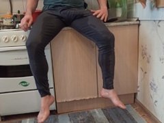 pissing in the kitchen and masturbate after long pee in leggings