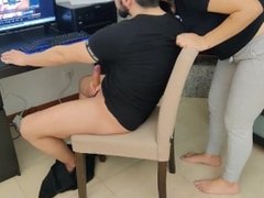 mature step-mom gives her stepson a handjob while watching porn