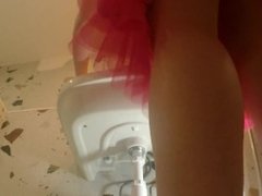 No Panties in a Pink Dress Hot Raver Girl goes Clubbing to Night Club and prepares in the Bathroom