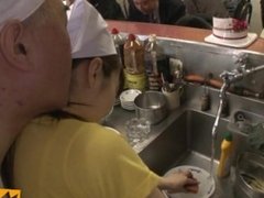 Japanese cookers play with the dish washer girl and fuck her in front of clients