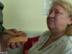 Huge granny tastes his cock then doggystyled