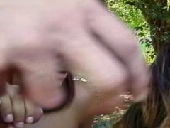 Stud has threesome with beautiful latin women in woods 