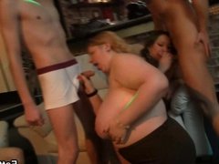 Fat blonde rides and sucks cock at party 