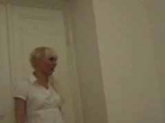 Platinum blonde chick lapdances on huge dick