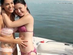 Lovely hoes in bikini screwed on a boat