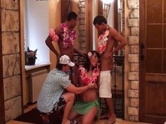 group sex with the girl on a Hawaiian party