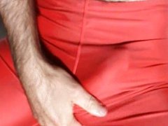 Bulge in red lycra spandex shorts