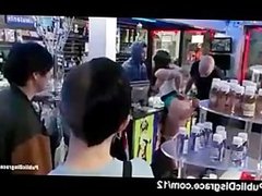 Busty bound babe vibed bu guys and girls in porn store