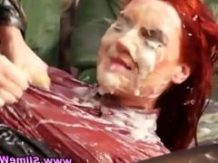 Lesbian fetish redhead gets bukkake