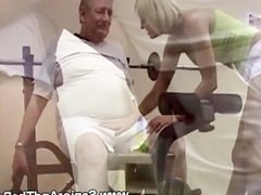 Blonde teen gives fat old mans cock a tongue lashing