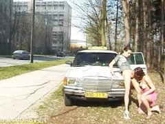 Babe gets fucked on the street while cars passing by