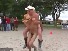 Naked guys Dildo in the ass, wanking off while a horse watches, and