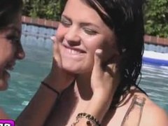 Three hot lesbians have terrific pussy eating session on the poolside