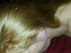 Redhead wife sucking my hard cock and taking load on titties