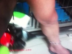 Chinese Femdom Footjob, closeup with explosive cumshot