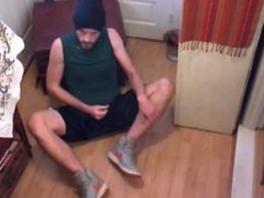 Shoe Guy Jerks off, shoots his load and stuffs his own cum in his ass hole