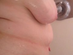 wife showering her big white body,hairy pussy,tits