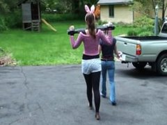 Bondage bunny goes for a walk outside