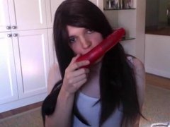 Cute sexy teen trap teasing and licking big dildo