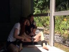 Schoolgirls tie up and tickle their teacher