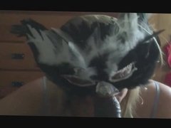 Masked Cuckold WIfe Eats Cum From Bull