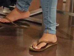 Candid Feet Shoeplay Flip Flops at Lunch