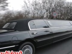 Russian blonde slut fucks rich guy in black limo,sucks huge cock for money