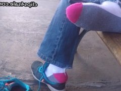 Shoe play with socks foot fetish with sexy Latina in public