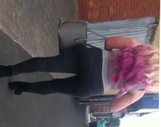 Sexy blonde body booty walking in tight jeans