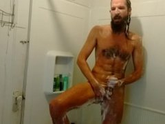 Skinny Bearded Man in the shower Masturbating